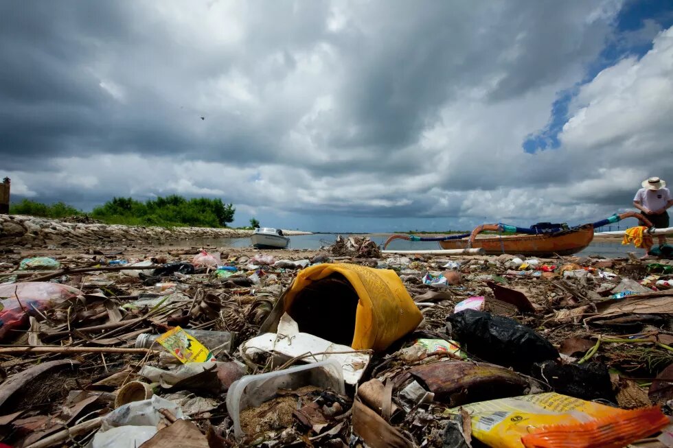 Littered beach in Bali